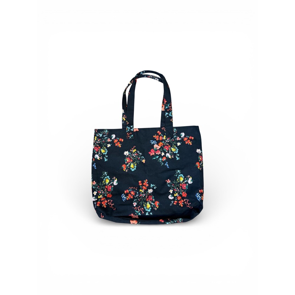 Ann Taylor‎ LOFT Black Multicolor Floral Canvas Tote Bag Patchwork 16x19